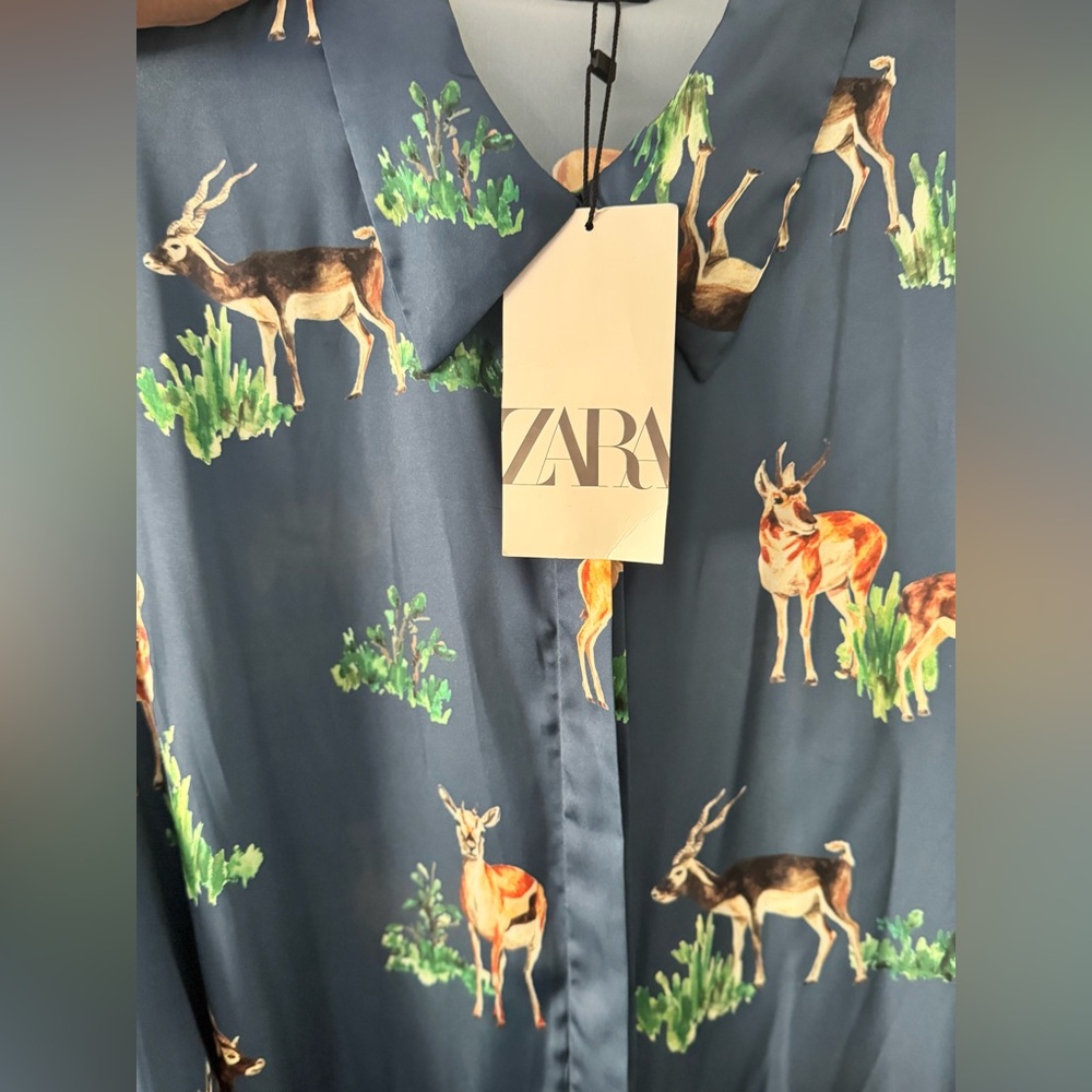 Zara Blue Printed Long Sleeve Midi Shirt Dress - Picture 4 of 8